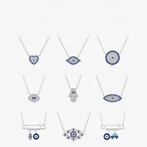 925 Sterling Silver Evil Eye Necklace Cubic Zirconia Heart Hamsa Hand Safety Pin Blue Stone Charm Dainty Jewelry
