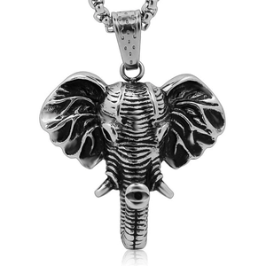 Polished titanium steel elephant head pendant necklace with 3D details on white background
