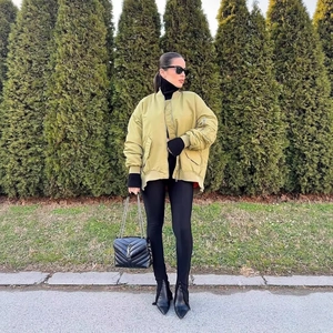 Oversized mustard green bomber jacket with a relaxed fit and ribbed cuffs for women