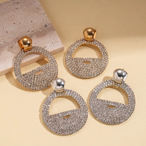 Fashion geometric round hoop earrings with rhinestones in gold and silver finish