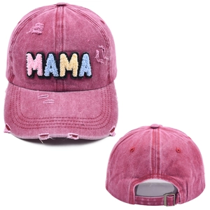 Detailed front and back views of washed pink MAMA chenille embroidery distressed cap