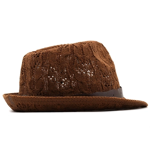 Close-up of hand-woven hollow crochet jazz hat with brown leather decorative band