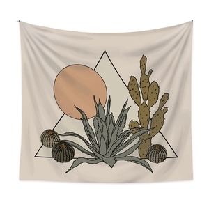 Minimalist desert cactus tapestry with sun and triangle geometry on white background