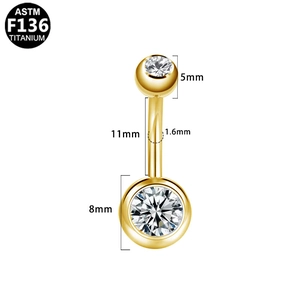 Detailed size specifications for ASTM F136 titanium belly ring with clear gemstones