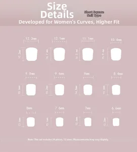 Size guide for short square press-on nails with measurements for 12 sizes and 24 pieces