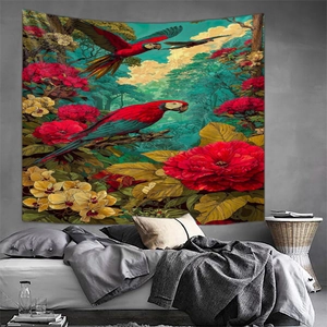 Detail of artistic tapestry with red parrots and floral forest pattern in bedroom