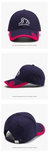 Three-way view of navy baseball cap with pink trim and 3D mountain embroidery details