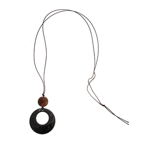 Minimalist resin circle and wood bead long sweater necklace on adjustable cord