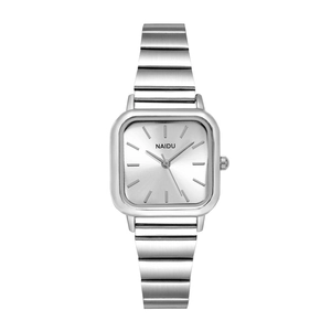 Minimalist square silver watch for women with stainless steel band on white background