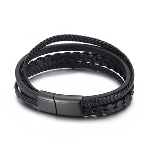 Men's multilayer black braided leather bracelet with matte black magnetic steel clasp