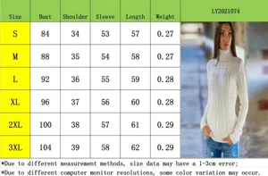 Guide des tailles détaillé pour pull à col roulé femme avec mesures de poitrine