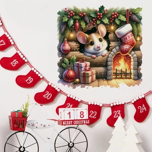 Christmas mouse hole wall decal with festive fireplace and red stocking number stickers