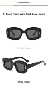 Detailed front and side view of Y2K square black sunglasses with gold metal accents