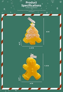 Detail of Christmas tree and gingerbread man scented candles with festive snowflake background