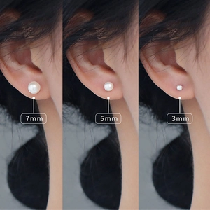 Three sizes of 925 silver faux pearl earrings shown in 7mm, 5mm and 3mm on model ear