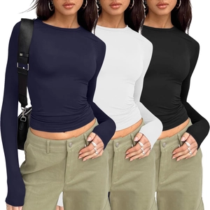 Damen Langarmshirts in Slim Fit in Marineblau, Weiß und Schwarz im 3er-Pack