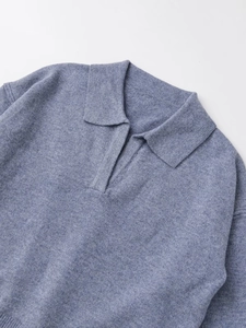 Detailed view of the soft cashmere blend polo knit collar and premium grey-blue texture