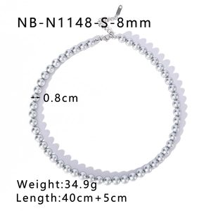 Detailed view of silver bead necklace showing 8mm diameter beads and size specifications