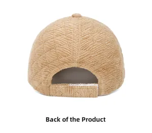 Back view of light brown corduroy baseball cap with diamond quilting and velcro strap