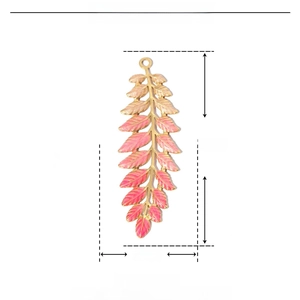 Macro view of a 60mm leaf pendant with pink enamel gradient and stainless steel dimensions