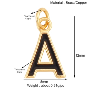 Detail view of gold letter A pendant with black enamel and specific size measurements