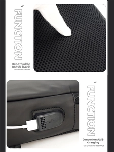 Detail of breathable mesh back and integrated USB charging port on black crossbody bag