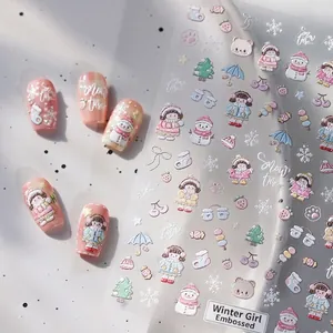 5D embossed nail stickers with winter girl patterns including snowmen and snowflakes