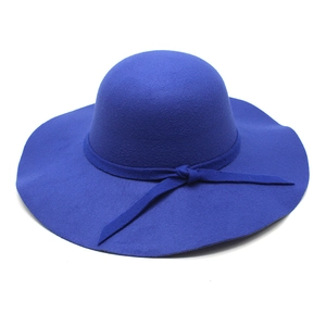Classic royal blue wool felt fedora hat for kids with wide wavy brim and bow accent