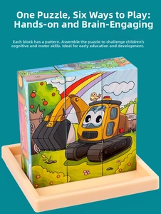 Close-up of a 3D wooden block puzzle featuring a cartoon excavator and base tray