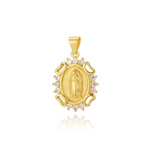 Detailed macro of oval gold pendant with Guadalupe Virgin icon and zircon stones