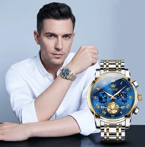 Detailed macro view of OLEVS luxury men's watch with blue dial and gold steel strap