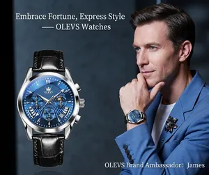 Detail view of OLEVS chronograph watch with blue dial and black leather strap