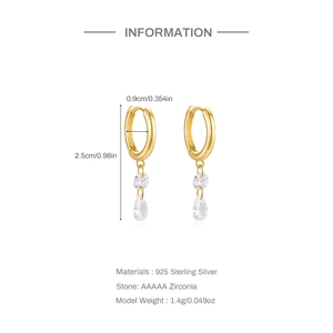Detail view of gold S925 sterling silver bee earrings with zircon drop and dimensions