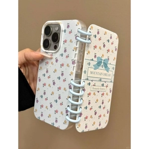 Floral notebook style iPhone 16 Pro Max case with blue spiral coil and flower pattern