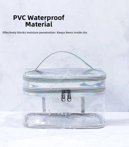 Macro shot of waterproof clear PVC toiletry bag with holographic trim and water splashes
