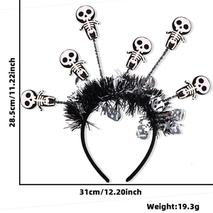 Detail view of Halloween headband with skeleton dolls showing product size measurements
