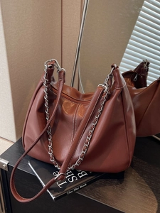 Vintage brown PU leather hobo bag with silver chain strap and white contrast stitching