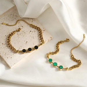 Minimalist gold-plated stainless steel chain bracelets with black onyx and malachite inlays