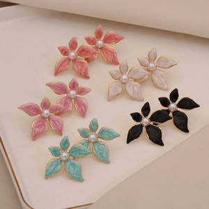 Flower Stud Earrings Stainless Steel Enamel Oil Drip With Imitation Artificial Pearl Sweet Pastoral Style Elegant Women Jewelry