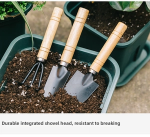 Macro-opname van 3-delige mini-tuingereedschapset met houten handvatten in grond