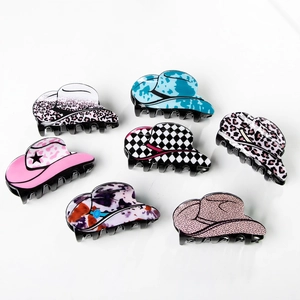 Cowboy hat hair claw clips in leopard and checkerboard patterns set of seven