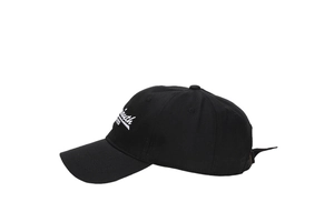 Close-up of white Youth 1993 embroidery on black cotton canvas baseball cap