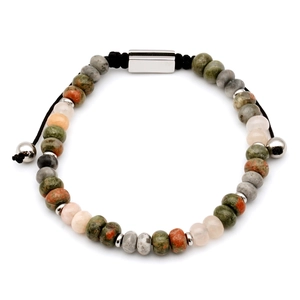 Men's natural stone beaded bracelet with adjustable black cord and silver metallic accents