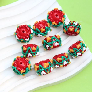 Hand-painted Indian style red beads with green grid and yellow heart patterns for DIY