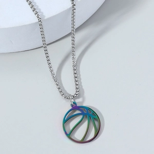 Macro shot of rainbow gradient basketball pendant with hollow design and silver steel chain