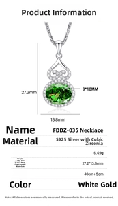 Detailed S925 silver gourd pendant with 8x10mm green zirconia and silver chain