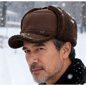 Close-up of winter trapper hat with faux fur lining and metal emblem in a snowy landscape