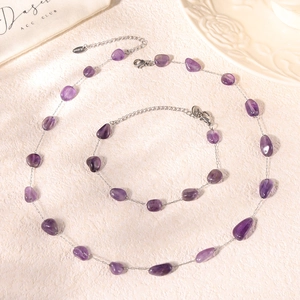 Bohemian purple natural stone and stainless steel necklace and bracelet jewelry set