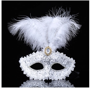 Close-up of white feather masquerade mask with floral lace and rhinestone detailing