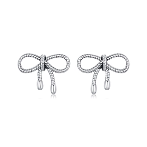 Classic silver S925 sterling silver bow knot stud earrings with vintage texture finish
